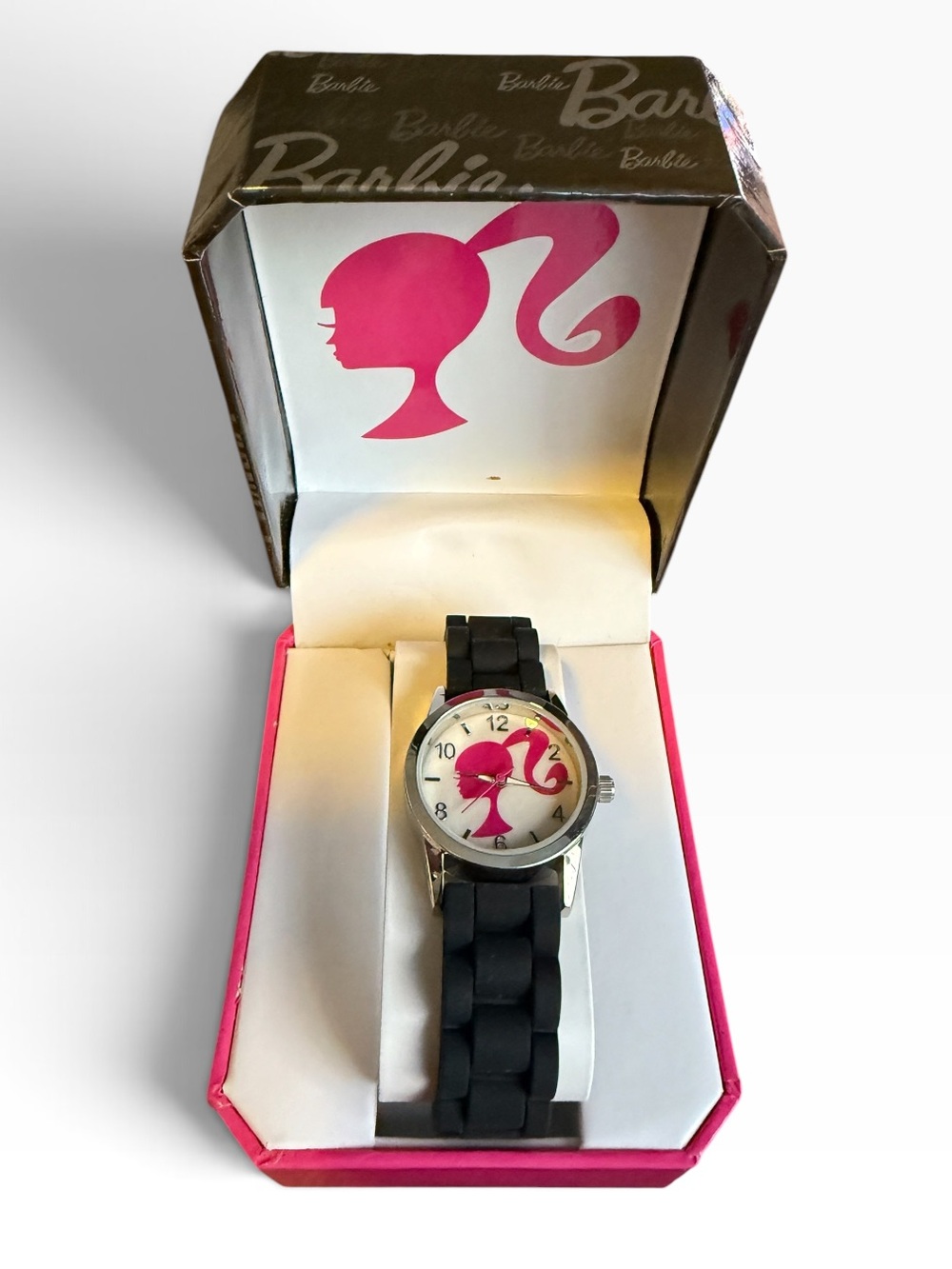 Barbie Pink Silhouette Black Band Watch NIB